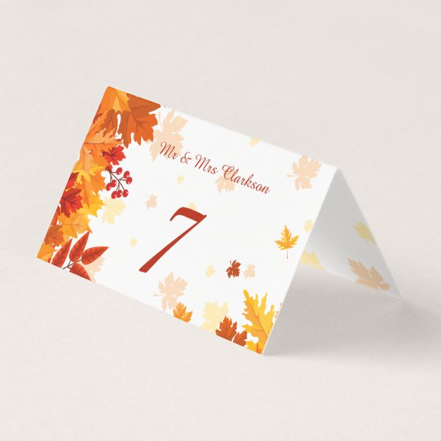 Orangefarbene Herbstblätter Tischnummer, Platzkart (Vorderseite)