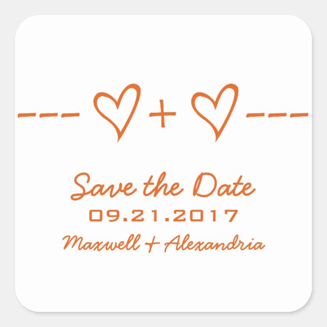 Orangefarbene Herzgleichung Save the Date Stickers (Vorderseite)
