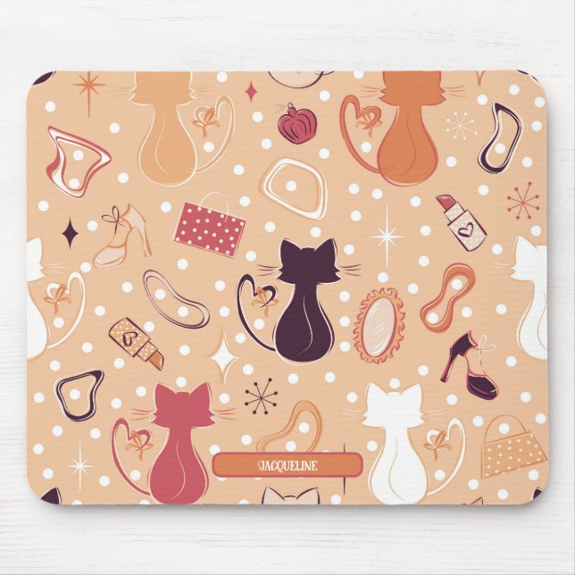 Orangefarbene Herzkatzen des Mitteljahrhunderts Mousepad (Vorne)