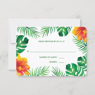 Orangefarbene Hibisken und tropische Blätter 2 RSVP Karte