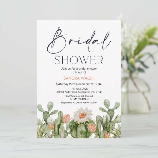 Orangefarbene Kaktus Bridal Dusche Einladung (Stehend Vorderseite)