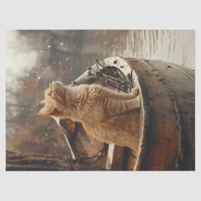 Orangefarbene Katze auf einem Holzschiff Seidenpapier (Vorderseite)