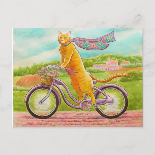 Orangefarbene Katze auf einem Lila Fahrrad Postkarte (Vorderseite)