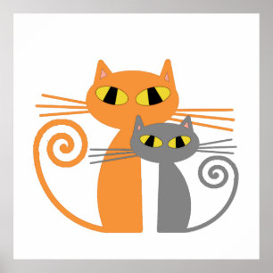 Orangefarbene Katze, graue Katze Poster