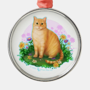Orangefarbene Katze im Blume-Pflaster Ornament Aus Metall