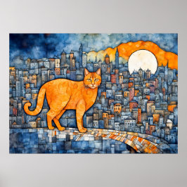 Orangefarbene Katze im Urban Sunset Watercolor Poster