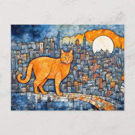 Orangefarbene Katze im Urban Sunset Watercolor Postkarte