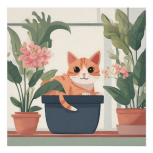 Orangefarbene Katze in Blume Pot Poster