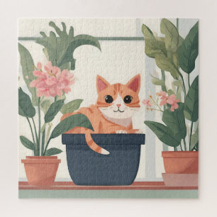 Orangefarbene Katze in Blume Pot Puzzle