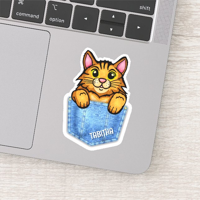 Orangefarbene Katze in Imitaten Denim Pocket mit I Aufkleber (Detail)