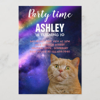 Orangefarbene Katze in Weltraum-Party Einladung