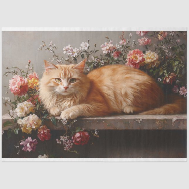 Orangefarbene Katze mit antiken Blume Dekoupage Seidenpapier (Vorderseite)
