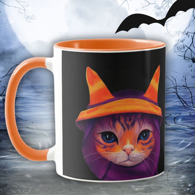 Orangefarbene Katze mit Hexenhut Halloween Black Tasse (Von Creator hochgeladen)
