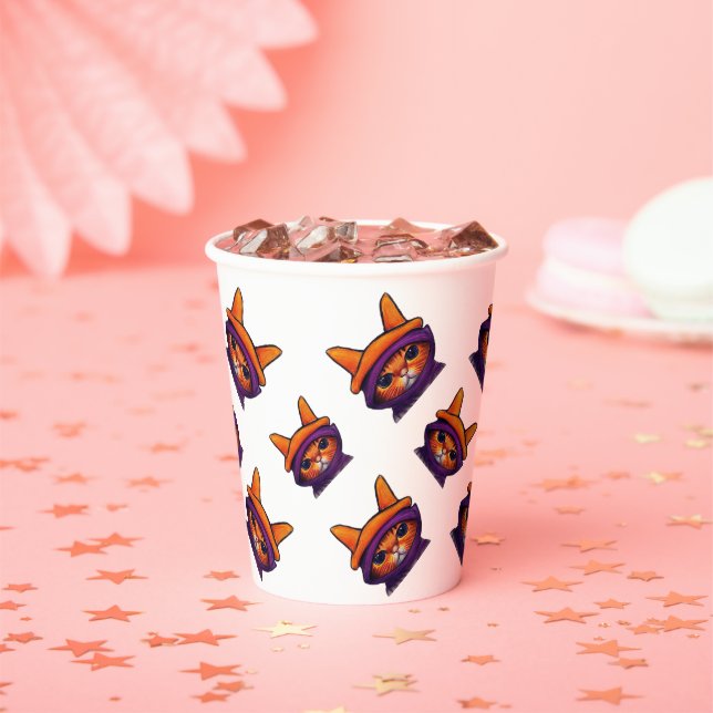 Orangefarbene Katze mit Lila Hexenhut-Halloween-Pa Pappbecher (Insitu)