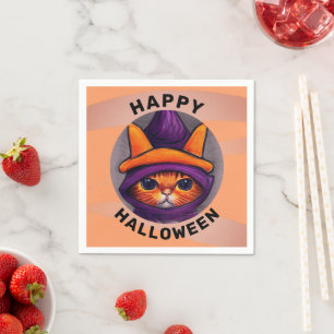 Orangefarbene Katze mit Lila Hexenhut-Halloween-Pa Serviette