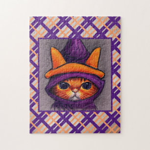 Orangefarbene Katze mit Lila Hexenhut Zeichnend Puzzle