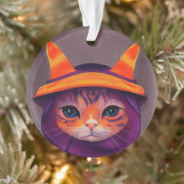 Orangefarbene Katze mit Lila Hexenhuttholz Ornament
