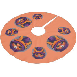 Orangefarbene Katze mit Lila Hexenhuttholz Polyester Weihnachtsbaumdecke