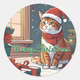 Orangefarbene Katze mit Weihnachtshut niedliches T Runder Aufkleber
