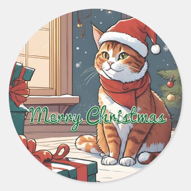 Orangefarbene Katze mit Weihnachtshut niedliches T Runder Aufkleber (Vorderseite)