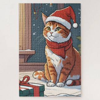 Orangefarbene Katze mit Weihnachtshut süße Tier Puzzle