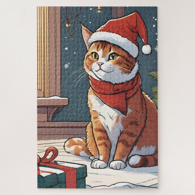 Orangefarbene Katze mit Weihnachtshut süße Tier Puzzle (Vertikal)