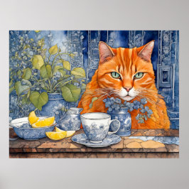 Orangefarbene Katze mit Zitrone Tee Poster
