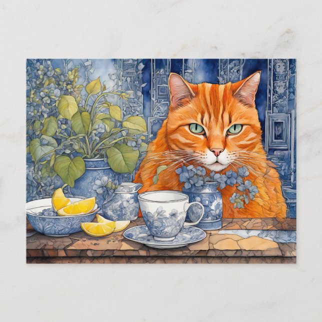 Orangefarbene Katze mit Zitrone Tee Postkarte (Vorderseite)