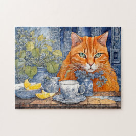Orangefarbene Katze mit Zitrone Tee Puzzle