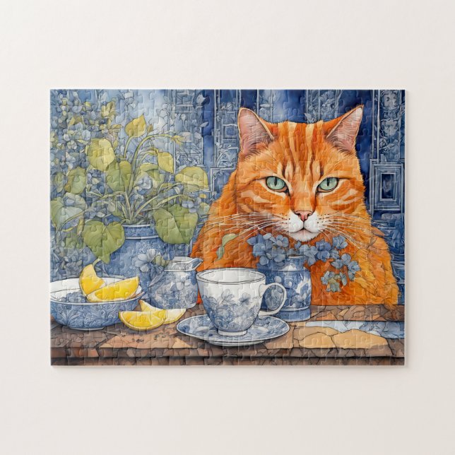 Orangefarbene Katze mit Zitrone Tee Puzzle (Horizontal)