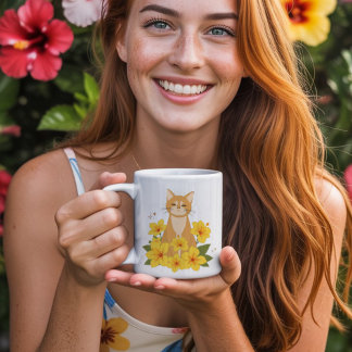 Orangefarbene Katze, umgeben von Blume aus gelbem  Kaffeetasse