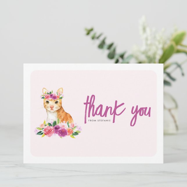 Orangefarbene Katze und Lila Blumengeburt Dankeskarte (Stehend Vorderseite)