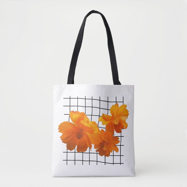 Orangefarbene Kosmos-Blume am Schwarzen Raster auf (Vorderseite)