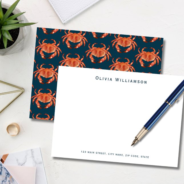 Orangefarbene Krabbengewächse Mitteilungskarte (Coastal crab, crustacean illustrated notecard. Personalize with your own name and address details.)