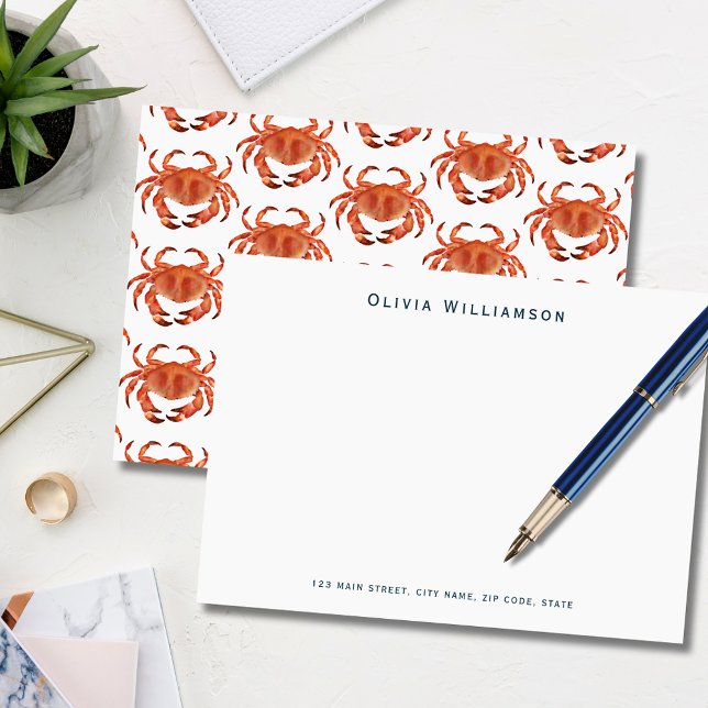 Orangefarbene Krabbengewächse Mitteilungskarte (Coastal crab, crustacean illustrated notecard. Personalize with your own name and address details.)