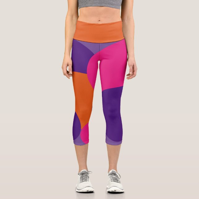 Orangefarbene, Lila und Hot-Pink-Polka-Punkte Capri Leggings (Vorderseite)