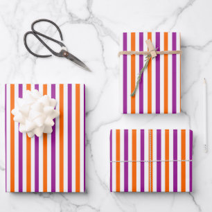 Orangefarbene, Lila und weiße Vintage Streifen Geschenkpapier Set