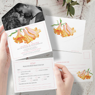 Orangefarbene liläre Hochzeit RSVP Optionen All In One Einladung