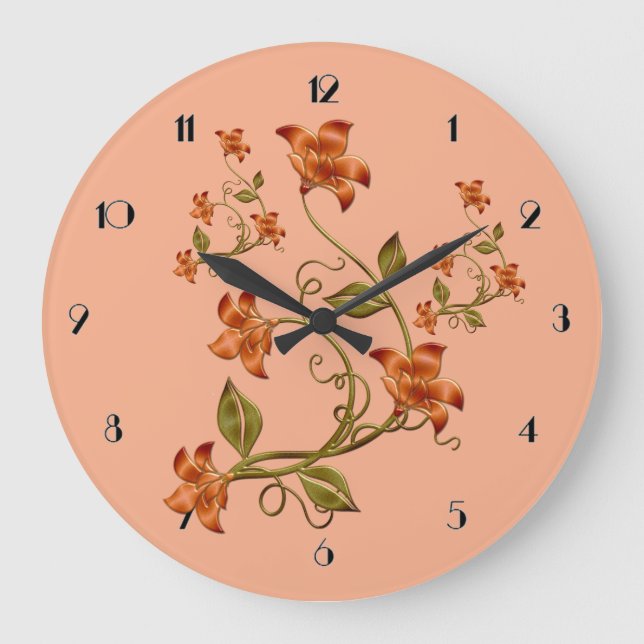 Orangefarbene Lilien Musterpatrone Große Wanduhr (Vorderseite)
