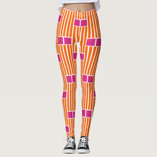 Orangefarbene Linien und rosa Schachteln Leggings (Vorderseite)