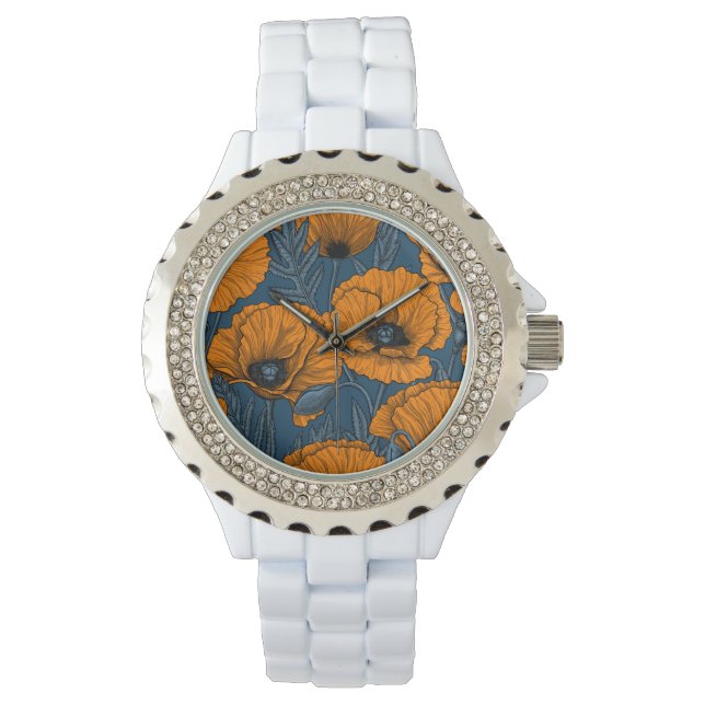 Orangefarbene Mohn in dunkelblau Armbanduhr (Vorderseite)