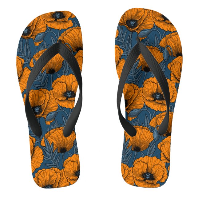 Orangefarbene Mohn in dunkelblau Flip Flops (Fußbett)