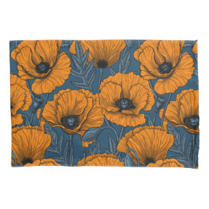 Orangefarbene Mohn in dunkelblau Kissenbezug