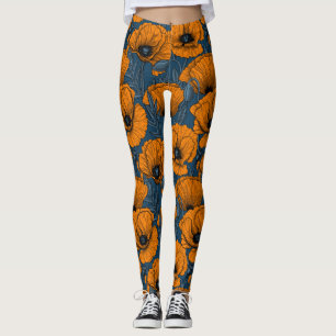Orangefarbene Mohn in dunkelblau Leggings