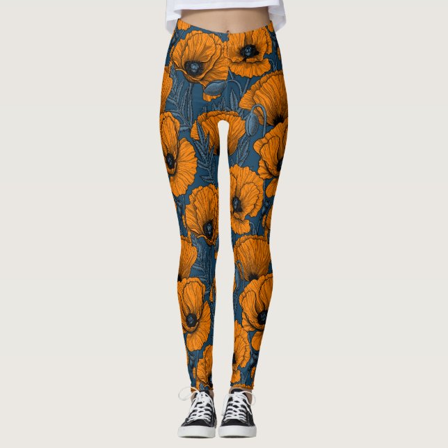 Orangefarbene Mohn in dunkelblau Leggings (Vorderseite)