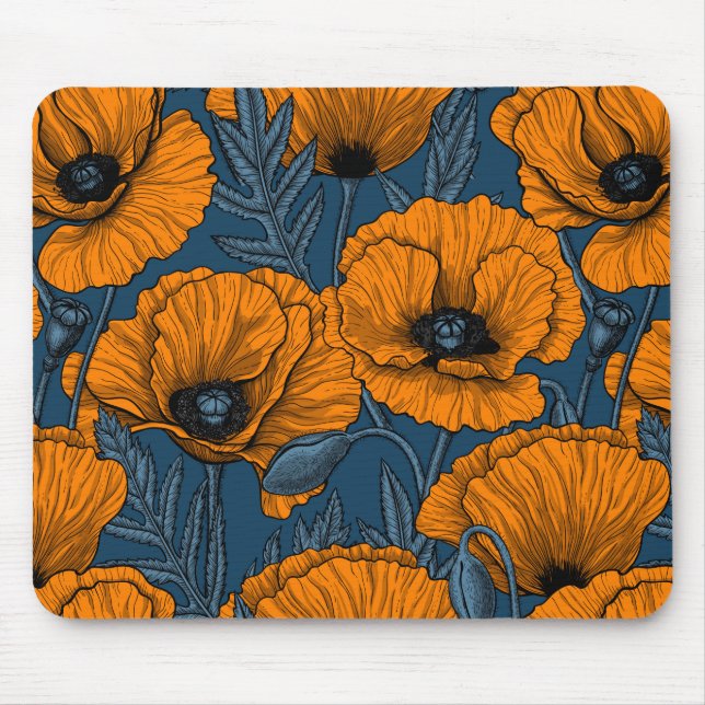 Orangefarbene Mohn in dunkelblau Mousepad (Vorne)