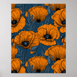 Orangefarbene Mohn in dunkelblau Poster