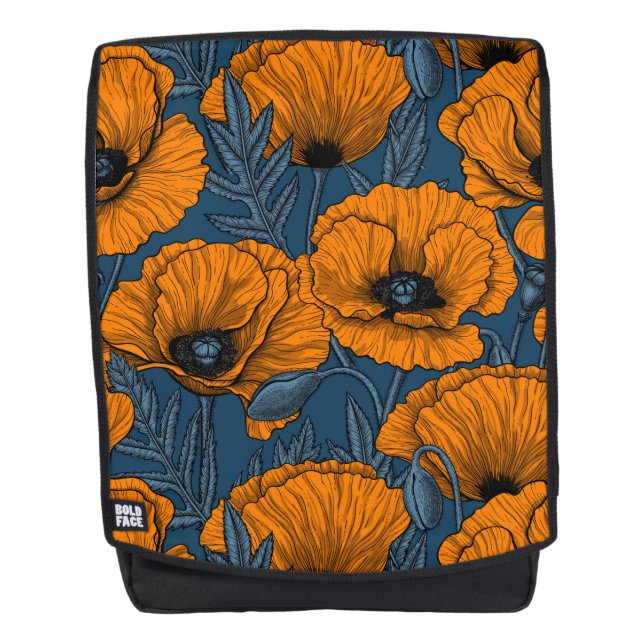 Orangefarbene Mohn in dunkelblau Rucksack (Vorderseite)