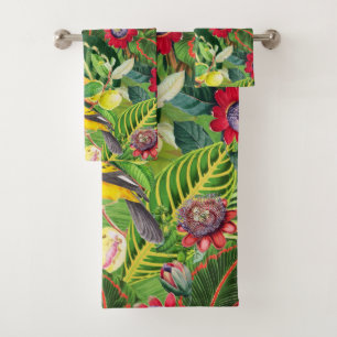 Orangefarbene Papageien in tropischer Blume Dschun Badhandtuch Set