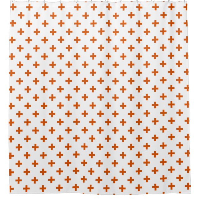 Orangefarbene Polka-Kreuze auf weiß Duschvorhang (Vorderseite)